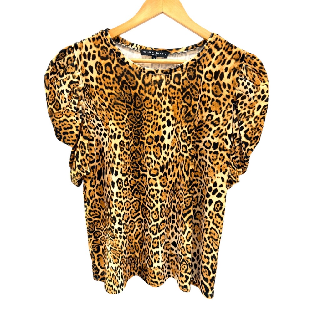 Generation Love Leopard Print Velvet Top XL Puff Ruched Sleeve Indie Sleaze Glam